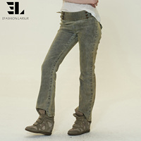 LARSUR Custom Denim Factory Jeans en denim pour femme, délavé vintage, effet usé, coupe baggy évasée, style western, coupe slim, bootcut