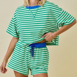 Conjunto de Dos Piezas de Sudadera de Manga Corta a Rayas con Cuello Redondo para <span class=keywords><strong>Mujer</strong></span>, Logotipo Personalizado, Venta al Por Mayor, Fabricante - Product Image 4