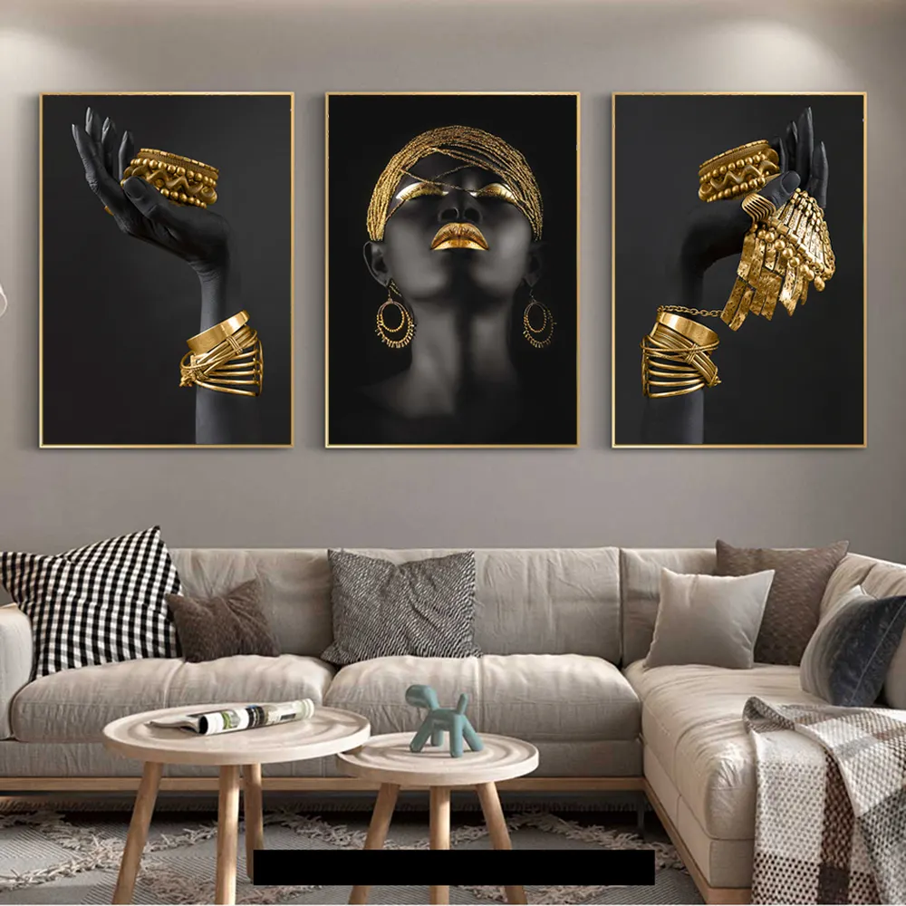 Pósteres e impresiones de mujer africana, pinturas artísticas de oro, joyería, lienzo