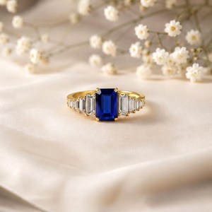<b>Emerald</b> Cut Blue Sapphire <b>Ring</b> Minimalist Engagement <b>Ring</b> CZ Wedding <b>Ring</b> Handmade 925 Sterling <b>Silver</b> with 18K Gold Filled - Product Image 1