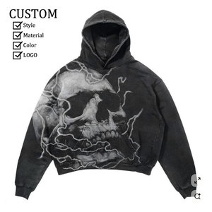 Custom Men's Applique Embroidery Distressed Hoodie Rhinestone <b>Zip</b> <b>up</b> <b>Jacket</b> Acid Wash Vintage Washed Fleece Streetwear Hoodie - Product Image 1
