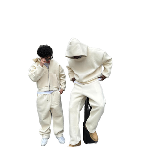 Conjunto de chándal personalizado de forro polar blanco de gran tamaño con capucha y cremallera, pantalones deportivos informales, ropa de calle para hombre - Product Image 1