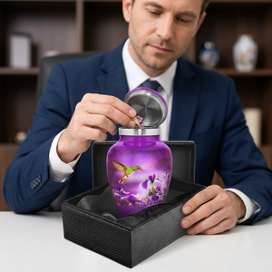 Urne funéraire transparente en aluminium violette faite à la main, vase commémoratif avec motif floral et oiseaux, boîte cadeau pour cendres d'adultes - Product Image 1