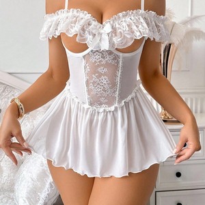 Chemise de nuit sexy en dentelle et maille pour femme, avec nœud, pyjama tricoté, sous-vêtements, décoration ajourée, demi-chemises respirantes et fines - Product Image 3