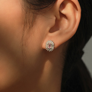 Parure de bijoux 2 pièces en zircon rose baguette, collier halo soleil et boucles d'oreilles clous, pour femme, mariage et soirée - Product Image 5
