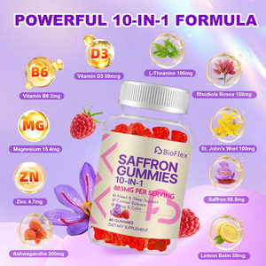 BioFlex Custom Natural Raspberry Flavor Organic 10 in 1 Formula Anti Stress Saffron Ashwagandha <strong>Extract</strong> Mood Gummies <strong>Supplements</strong> - Product Image 2