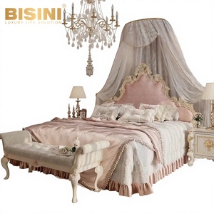 Elegante Set Camera <span class=keywords><strong>da</strong></span> <span class=keywords><strong>Letto</strong></span> Completo in Stile Principessa Francese con Testiera Imbottita e <span class=keywords><strong>Letto</strong></span> con Struttura in Legno Massello Intagliato - Product Image 1