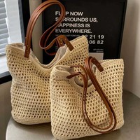 Sac de plage décontracté en coton tissé ajouré à fermeture éclair, petit format, style décontracté, pour femme, idéal pour les vacances à la mer