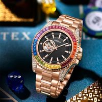 Montre automatique mécanique pour homme, style luxe, avec cadran ouvert, lunette en cristal arc-en-ciel et bracelet en acier