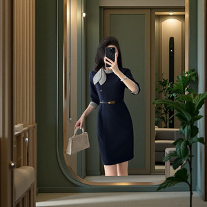 Women's Grey Midi Dress With <b>Belt</b> And Collar For Hotel <b>Work</b> Uniform Office Receptionist Flight Attendant Professional Attire - Product Image 4