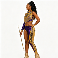 Uniforme de majorette à imprimé léopard violet avec franges scintillantes, costume de danse en spandex métallisé brillant pour la compétition et les défilés