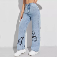 Jean en jean pour femme, motif papillon, legging droit, fermeture éclair
