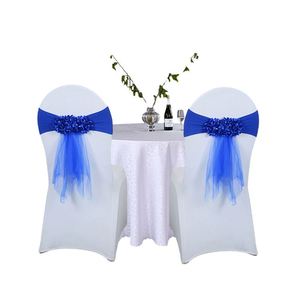 Bandes de chaise en gros, blanches, élégantes, de luxe, pour fêtes et mariages, avec nœuds bleus pour événements - Product Image 5