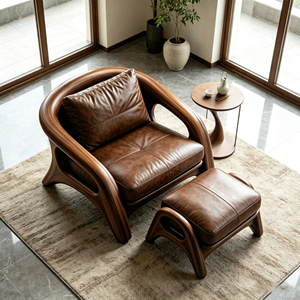 <span class=keywords><strong>Fauteuil</strong></span> en fibre de verre à cadre courbé en grain de noyer avec repose-pieds en cuir marron pour un espace de vie moderne - Product Image 6