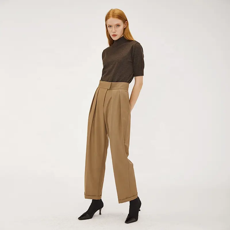 Designer brand Customizable high quality khaki pocket casual women's pleated pants