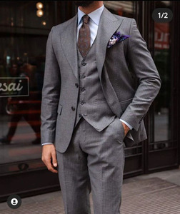 Pantaloni Blazer a righe grigie da uomo Set 3 pezzi da cena da sera pantaloni da giacca vestito su misura - Product Image 3