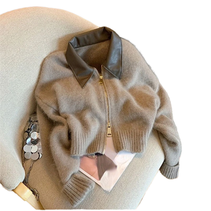 <span class=keywords><strong>Cardigan</strong></span> Vintage da <span class=keywords><strong>Donna</strong></span> V-Times Autunno 2025, Nuovo Modello Semplice e Versatile <span class=keywords><strong>con</strong></span> Patchwork in Pelle, Colletto e <span class=keywords><strong>Cerniera</strong></span>, Abbigliamento Femminile Lavorato a Maglia - Product Image 4