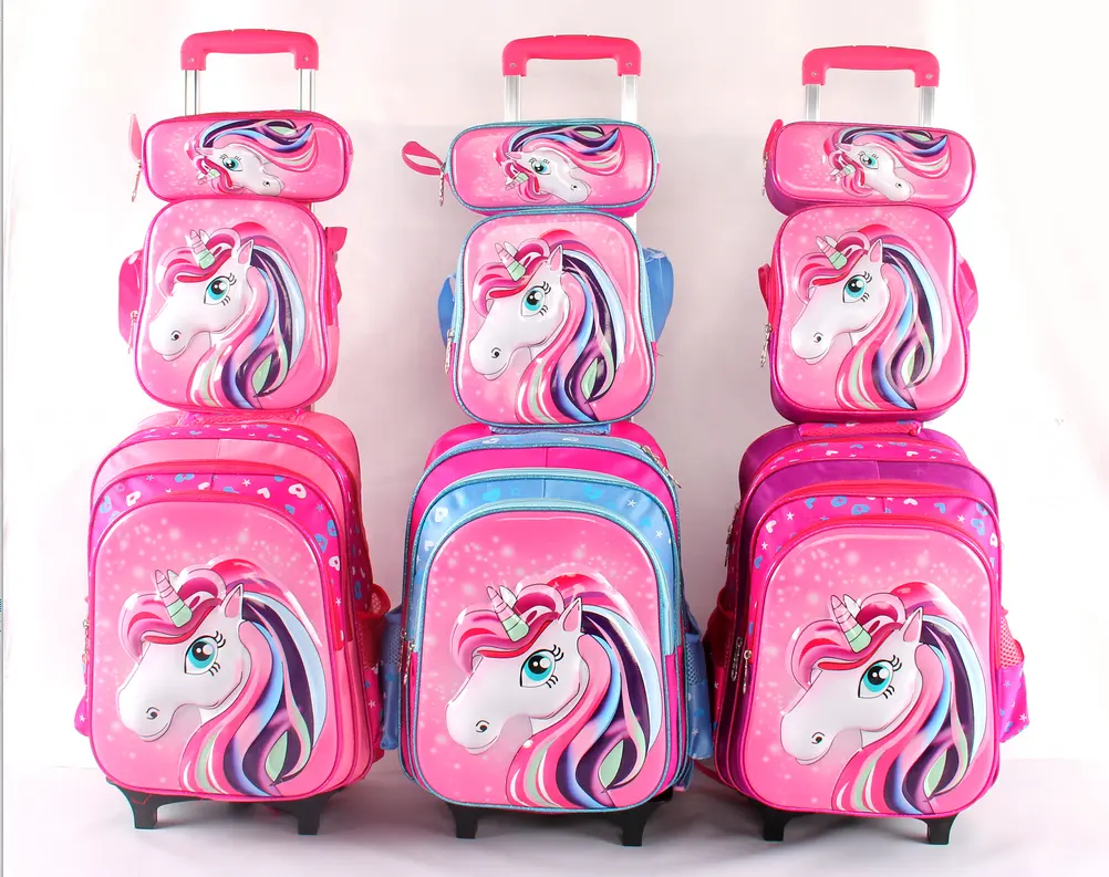 trolley school bags Unicorn-patterned cartoon satchel with a three-piece tie rod lunch bags for school kids