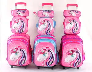Bolso escolar con estampado de unicornio para niños, bolsas con ruedas, bolsa de almuerzo, dibujos animados, barra de amarre, 3 piezas
