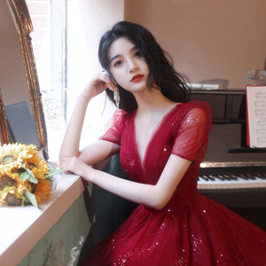Burgundy Bridesmaid Dress V Neck Mid Length Tulle Sequin Elegant Banquet Wedding Graduation Party Dress - Product Image 4