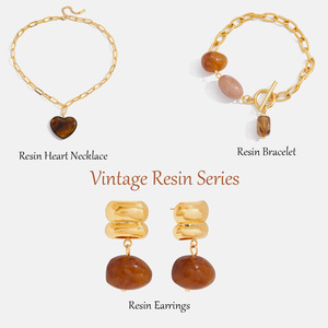 Collier en résine marron en forme de cœur, ensemble de bijoux en acier inoxydable, accessoire de mode pour femmes - Product Image 3