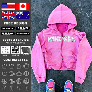 เสื้อฮู้ดดี้ทรงบ็อกซี่แบบครอป ผ้าคอตตอนหนานุ่ม สไตล์สตรีทแวร์หรูหรา Y2K ประดับคริสตัล ซิปหน้า ล้างสีแบบแอซิดวอช - Product Image 2
