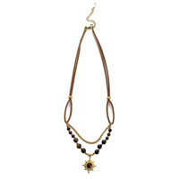 Collier pour femme en acier inoxydable Maillard style vintage, avec pierre naturelle soleil couchant, chaîne en cuir velours et perles