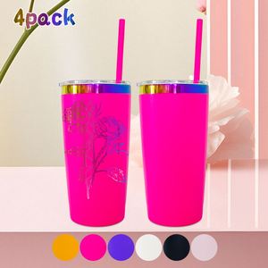 แก้วน้ำสแตนเลสสุญญากาศแบบมีฝาปิดเลื่อนและหลอดสีสันสดใส ขนาด 20 ออนซ์ สีชมพูร้อน ลายรุ้งเคลือบสี  แบบแพ็ค 4 ชิ้น พร้อมโลโก้สั่งทำ - Product Image 1