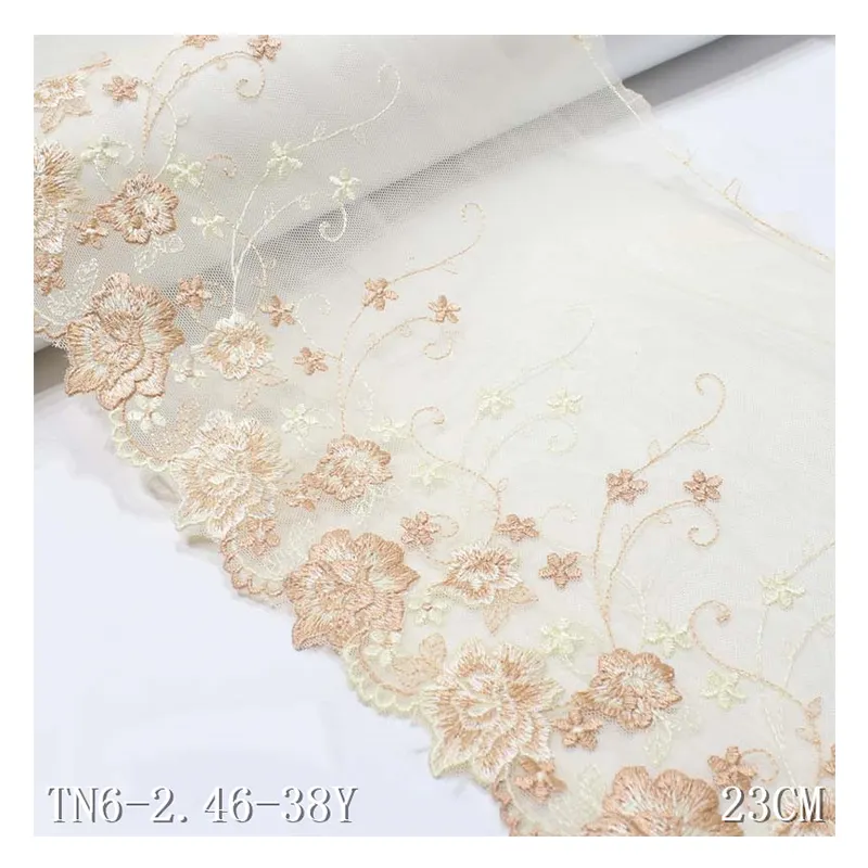 Elegant 23CM Light Yellow Tulle Fine Flower Embroidery Lace Trim Voile Lace Fabrics For Women Prom Dress