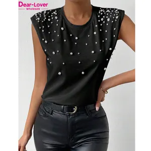 Dear-Lover Wholesale High Quality Summer Women Pearls Beaded Shoulder Pad Crew Neck Fashion Sleeveless Tank Top