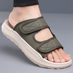 Men's Summer <b>Slides</b> Open Toe Pu Upper EVA Outsole Anti <b>Slip</b> Casual Beach Sandals Hook Loop Closure Solid Color - Product Image 1
