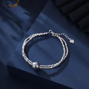 Double Chain Bracelet Sliver 925 Round Shell Pearl Jewelry Bracelet Design Bracelet Adjustable Jewelry For Mother's Day Gift