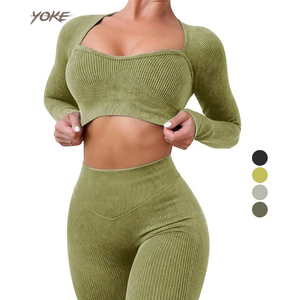 Ribbed Washed Seamless Women Yoga Set Workout Clothes Long Sleeve Shirt High Waist Gym Leggings Fitness Sports Suits