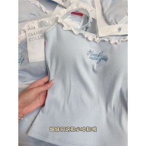2025 Sweet Girl Milk <strong>Blue</strong> Trim Letter Embroidery <strong>Cami</strong> <strong>Top</strong> with Built-in Bra for Women Summer Slimming Base Layer Outerwear - Product Image 5