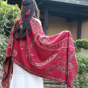 Écharpe-châle double usage pour femme, en <span class=keywords><strong>imitation</strong></span> cachemire épaissi, motif Paisley, style ethnique occidental Feuille du Sichuan, pour l'automne et l'hiver, idéale pour les voyages - Product Image 1