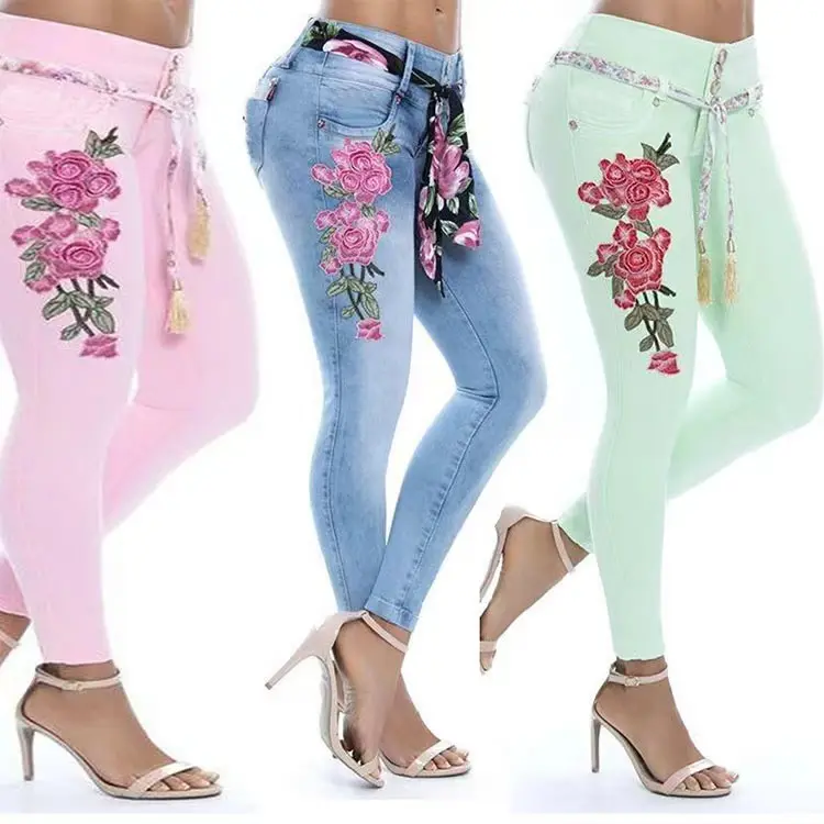 Frauen Hohe Taille frühling jeans streetwear Bestickt Dünne Stretch Bleistift Lange Dünne Beiläufige Leggings Jeans