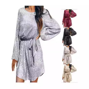 Sequined Cocktail <b>Dress</b> O Neck Long Sleeve With <b>Belt</b> <b>Sparkly</b> Party <b>Dress</b> <b>For</b> Women Fashion <b>Dress</b> 2025 - Product Image 1