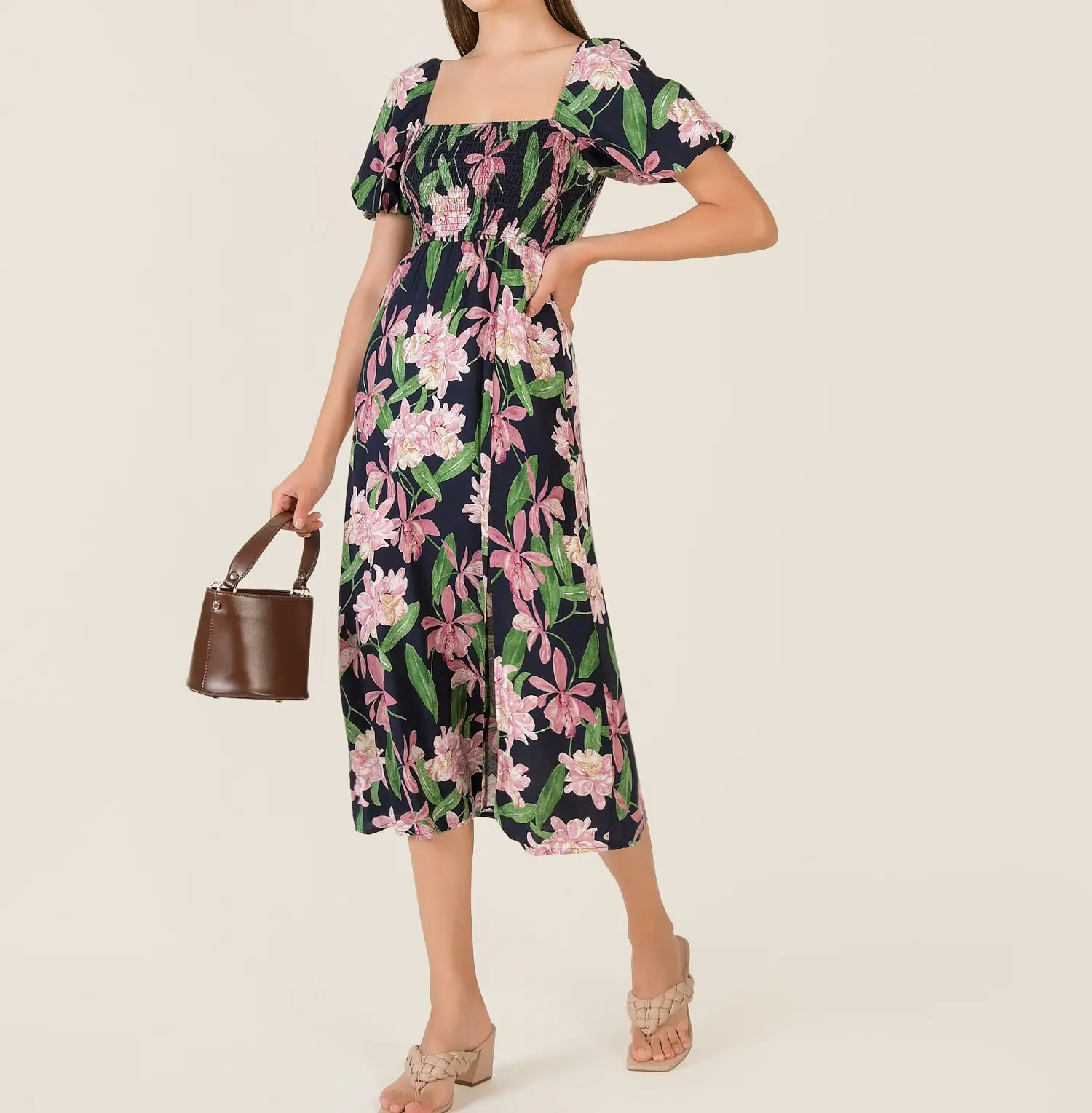 Vestido midi floral feminino, vestido floral de manga curta com fenda lateral decote quadrado vestido midi floral para mulheres