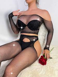 Conjunto de 2 piezas de lencería de red con diamantes de imitación, lencería erótica Sexy para mujer, mono negro con purpurina - Product Image 3