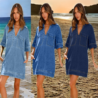 Robe en jean tissée décontractée pour femmes avec col en V profond et poches à col demi-manche lavables pour l'automne et l'été