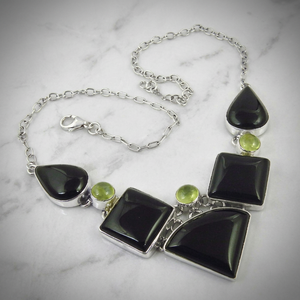Geometric <b>Statement</b> <b>Necklace</b> with Black Onyx and Peridot in 925 Silver Link Chain for Women's Everyday Wear - Product Image 1