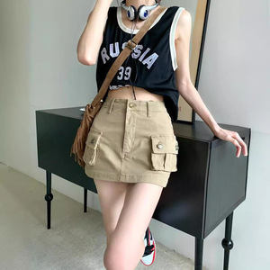 Jupe cargo kaki femme été hottie anti-marche denim mince rétro jupe taille haute A-line jupe courte - Product Image 3