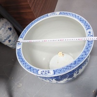 Mangkuk Ikan Besar Porselen Biru Putih Chinoiserie, Pot Keramik Lukisan Tangan Pemandangan Paviliun, Baskom Dekoratif