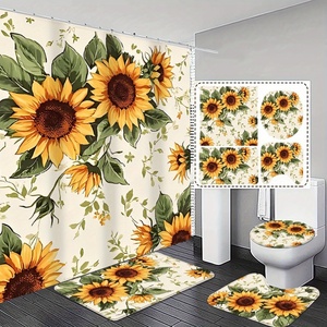Juego <span class=keywords><strong>de</strong></span> Cubierta <span class=keywords><strong>de</strong></span> Inodoro y Cortina <span class=keywords><strong>de</strong></span> Ducha Impermeable con Diseño Floral Vibrante, Impresión 3D Moderna <span class=keywords><strong>de</strong></span> Girasoles, Anillos Antideslizantes y Absorbentes <span class=keywords><strong>de</strong></span> Poliéster - Product Image 1