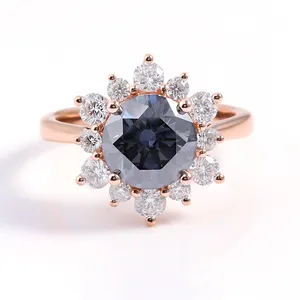 Fiore all'ingrosso anello di fidanzamento Moissanite in oro rosa 14k VVS1 6.5mm pietra di diamante Moissanite rotonda grigia