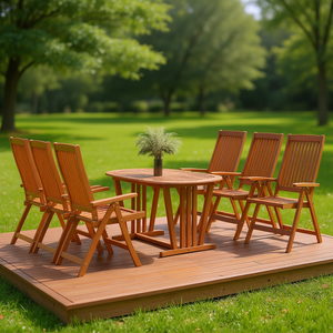 Solid Eucalyptus Wood Garden <b>Dining</b> <b>Set</b> 7 Piece <b>Folding</b> Outdoor Furniture Rustic Style Brown - Product Image 2