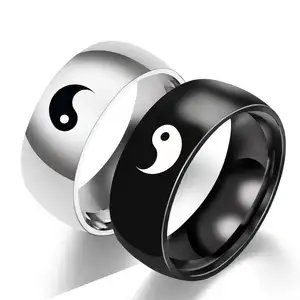 काले सफेद ताई ची यिन यांग युगल अंगूठी महिलाओं को पुरुषों के लिए संतुलन चमकदार चिंतनशील स्टेनलेस स्टील साइन प्रतीक अंगूठी गहने