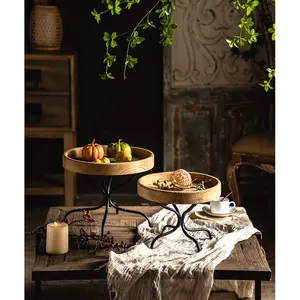 Factory suppliers nordic nature wood tray creative round acacia retro wooden serving tray with metal leg