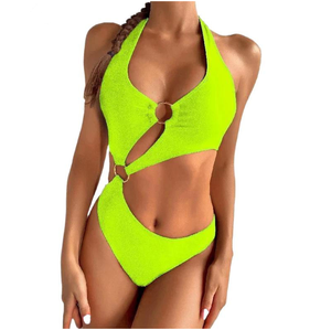 Women Black Halter <b>Bikini</b> <b>Set</b> High Cut Bottom Bandeau Top Hollow Out Stretch Swimwear - Product Image 4