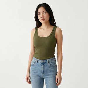 Women's Olive Green Ribbed Crew Neck Tank <b>Top</b> Minimalist Knitted 100% Cotton Breathable Eco-Friendly Streetwear Print Feathers - Product Image 1